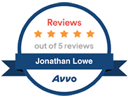 Avvo badge with 5-star reviews for Jonathan Lowe, attorney.