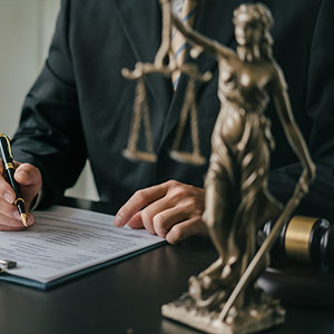 Lawyer reviewing case details related to criminal defense and the defense of others.